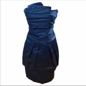 BCBGMAXAZRIA Blue Strapless Satin Cocktail Dress Mini Pleat 4 Party Bodycon